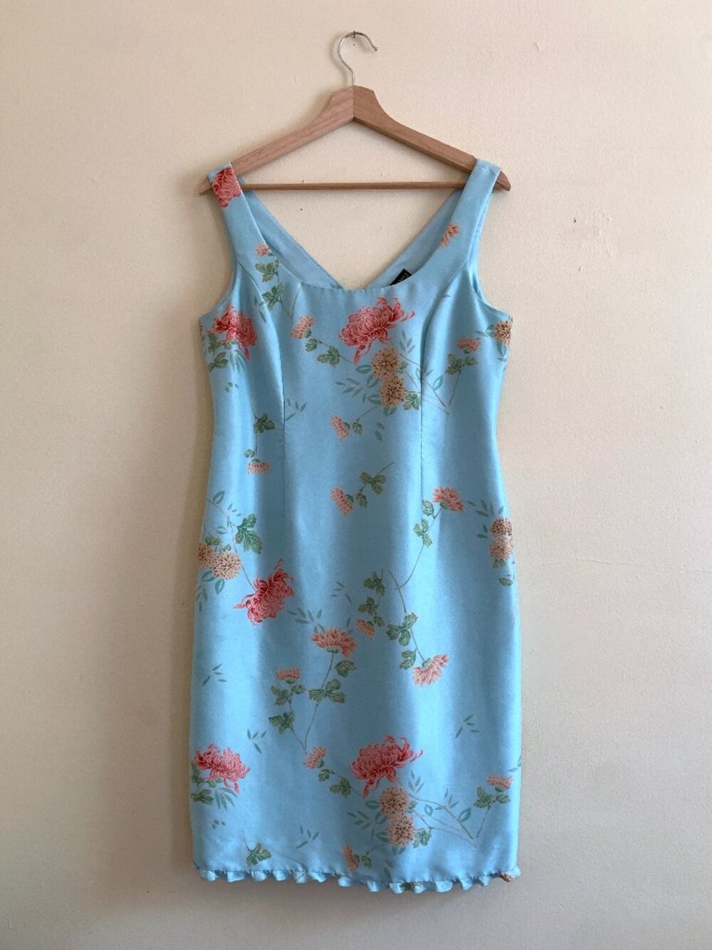 VINTAGE 90s Valerie Dresses Pure Silk Blue Floral Shift Dress 100% Silk Size 6/8